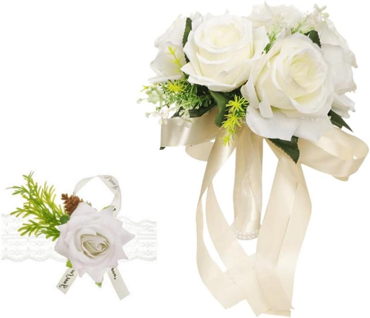 Bruidsboeket Set - Polsbloem Corsage - Bruiloft Decoratie - Verstelbare Lint - 20x24 cm Handboeket - Wit