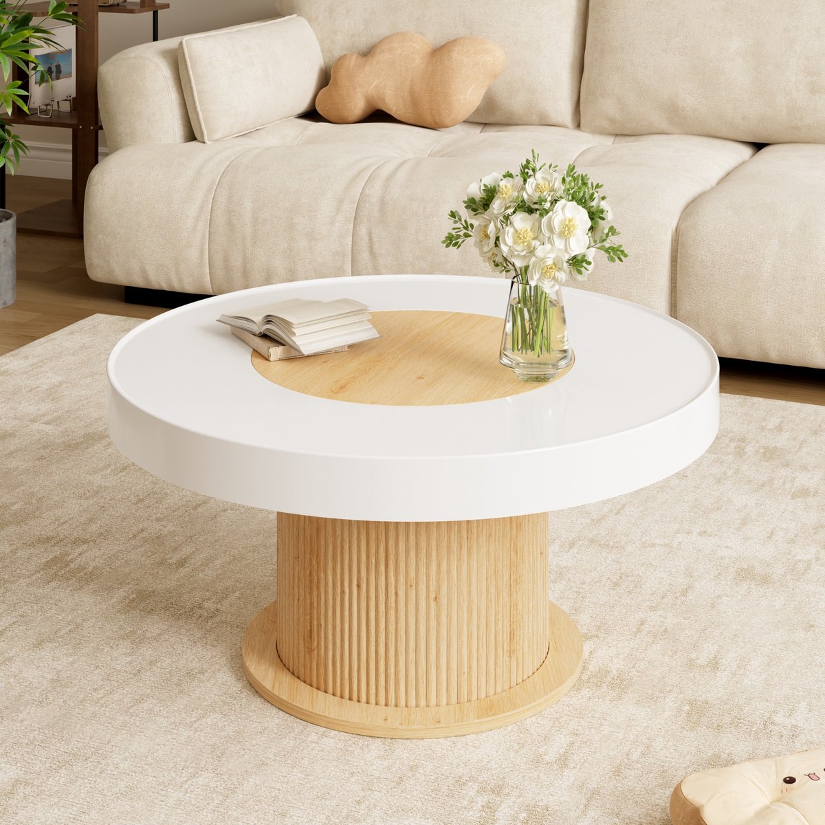PHOEBE CAT Ronde Salontafel - Houtlook - MDF + PVC - Wit + Naturel