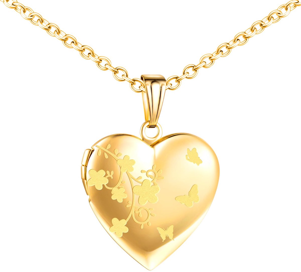 Roestvrij stalen hartmedaillon voor foto's, foto met bloemen en vlinders, gepersonaliseerde ketting, fotohanger in hartvorm, medaillon met 50 cm ketting voor mama, vriendin en vrouwen