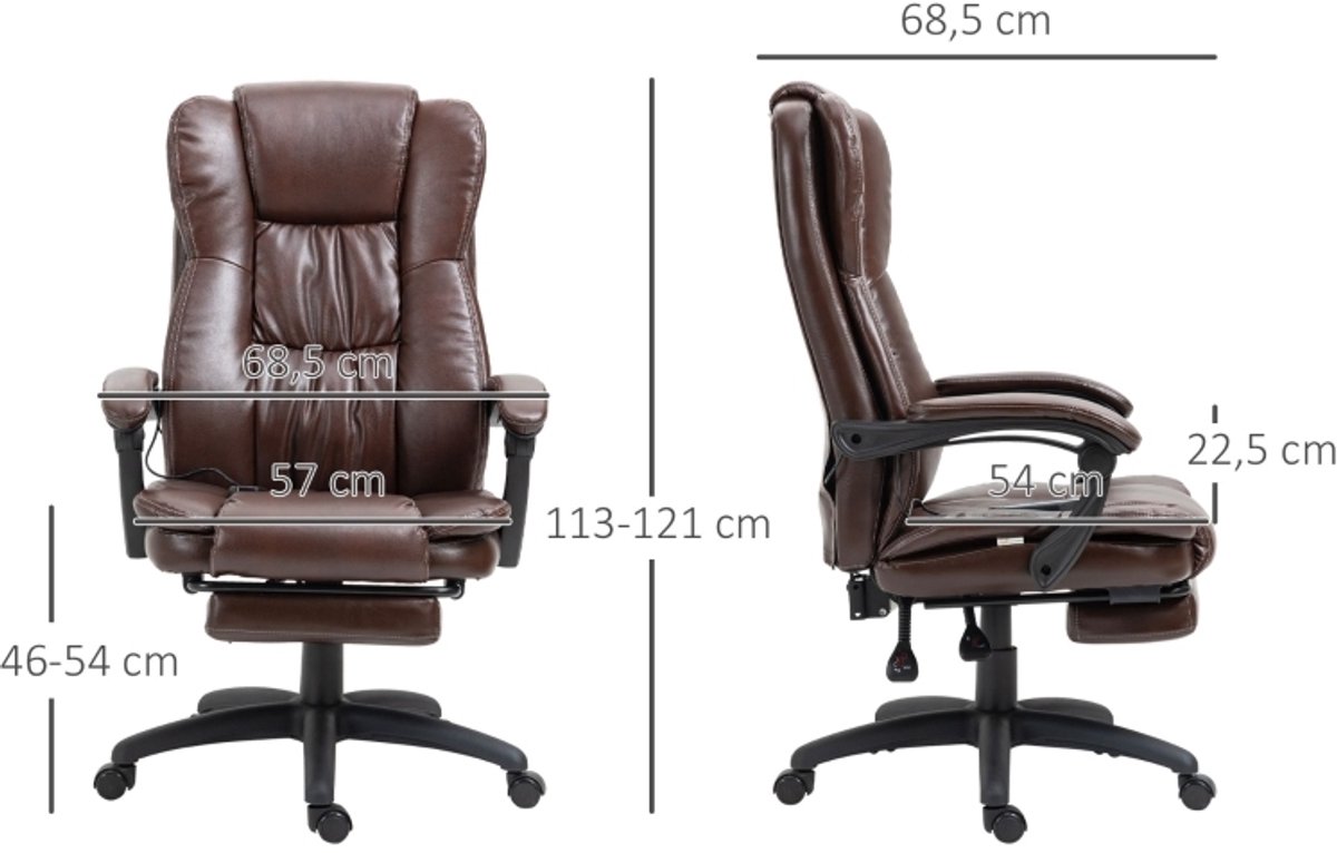 MEUNIQ bureaustoel met voetsteun en hoofdsteun 68,5 x 68,5 x 113-121 cm draaibare bureaustoel met massagefunctie, kantelbare rugleuning tot 135°, kunstleer bruin