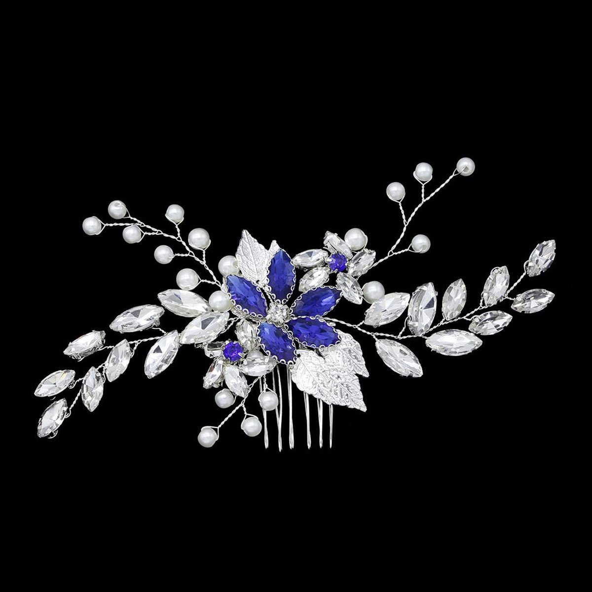 Haarkam, met Zilveren Parels, haaraccessoire voor dames en meisjes (zilverblauw kristal)