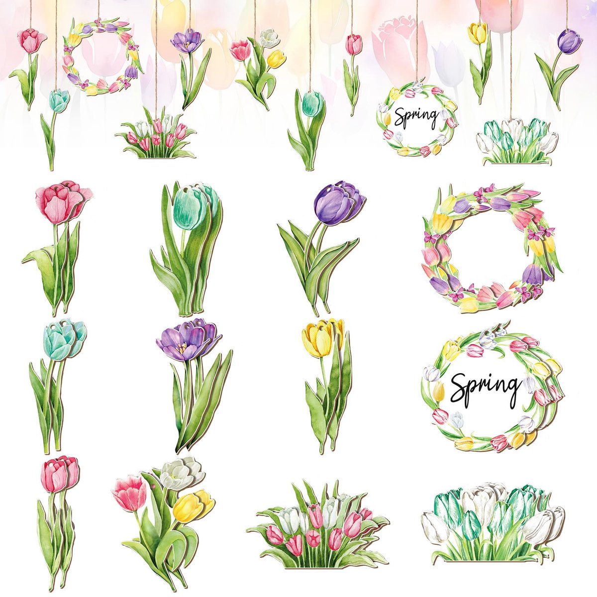 decoratie, lente, 24 stuks, kleurrijke houten hangers, lente, om op te hangen, hangende decoratie, houten hanger, lentebloemen, tulpen voor takken, deuren, ramen, tuinen, binnenplaatsen