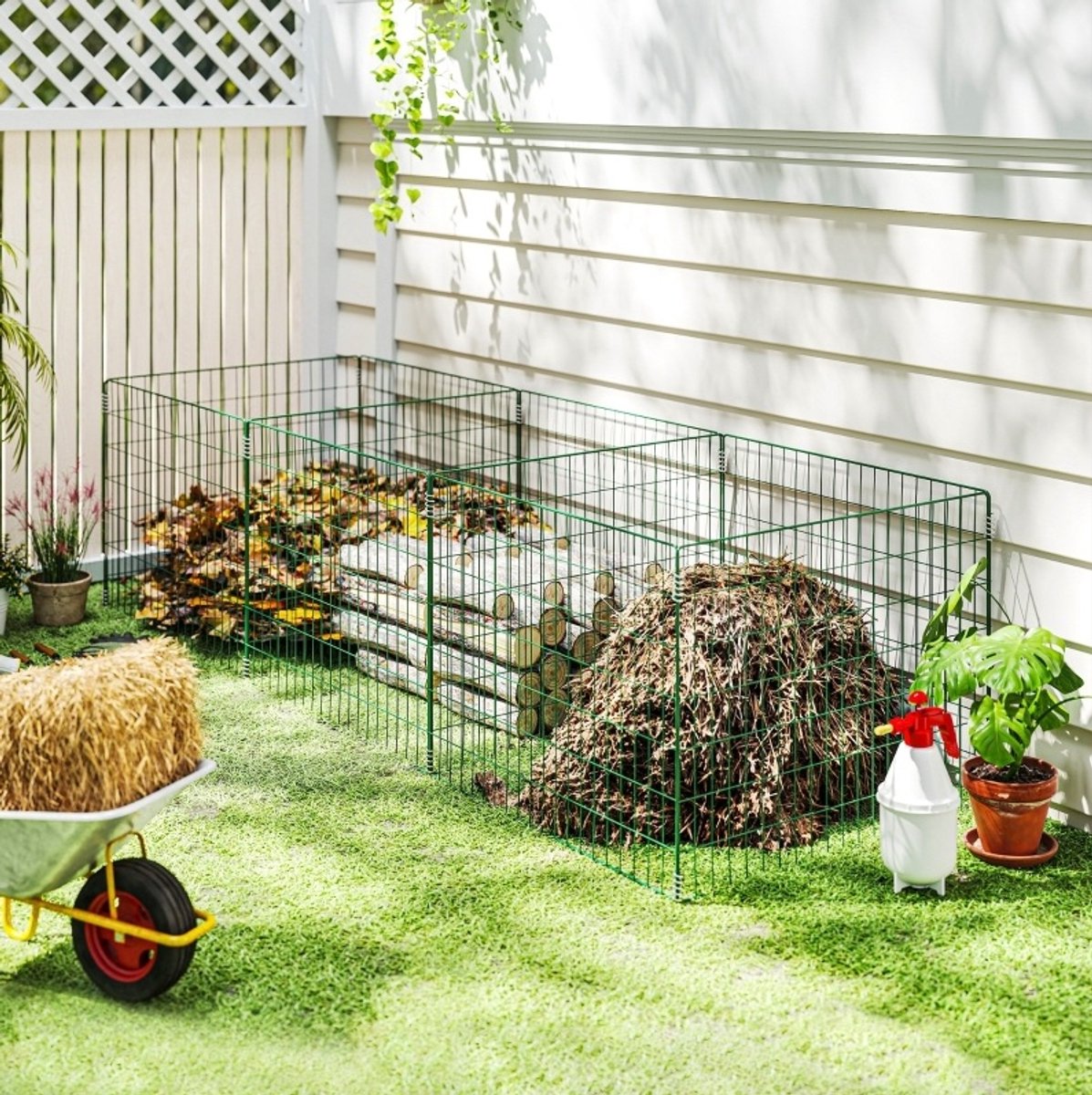 MEUNIQ Compostbak 1680 liter, 3-delig, open metalen rooster, 270 x 90 x 70 cm, voor tuin en groenafval, staal, groen