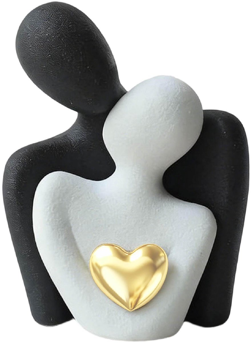 paar standbeeld, romantisch paarstandbeeld, gouden hartontwerp, compact en elegant, huwelijkscadeau, huwelijksgeschenk (zwart en wit)