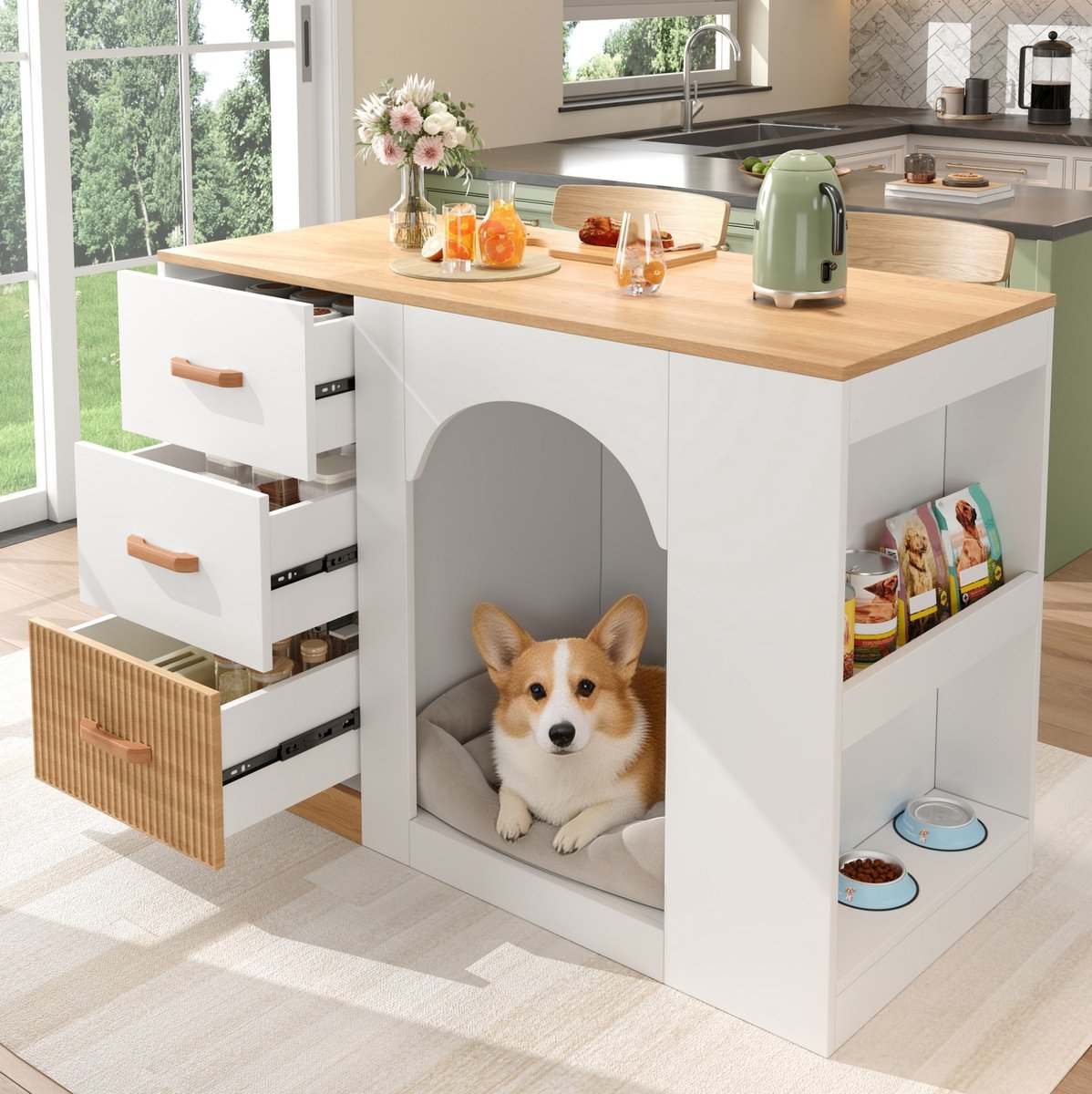 HAUSS SPOLE Keukenkast - Keukeneiland Met 3 Lades En Huisdierplek - Opbergruimte Voor Keuken En Wonen - MDF - 120 x 60 x 90 cm - Wit