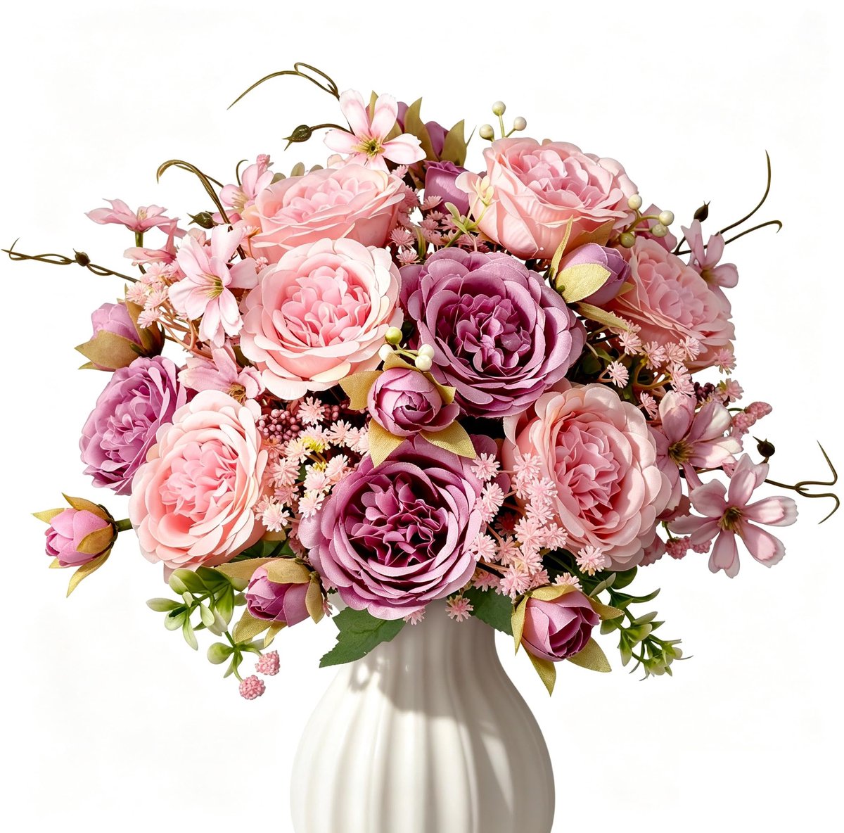 Kunstboeket ziet eruit als echt, kunstmatige pioenrozen, kunstbloemen, roze en paars, kunstbloemen, 13 stuks nepbloemen en sluierkruid