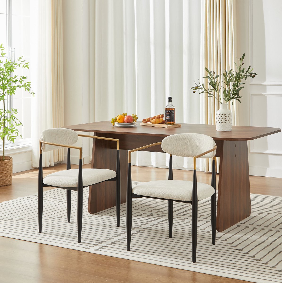 DESMIU Eetkamerstoel 55 X 59 X 85 Cm - Set Van 2 Met Armleuningen En Stoffen Kussens - Voor Eetkamer - Metaal Beige Zwart Goud