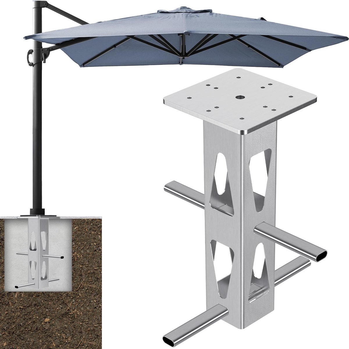 Dolibest In de grond parasolbasis, universele parasol grondanker, zwaar belastbare terrasparasolstandhouder, offsett vrijdragende paal in grondmontage met 2 buizen voor buiten, tuin, balkon