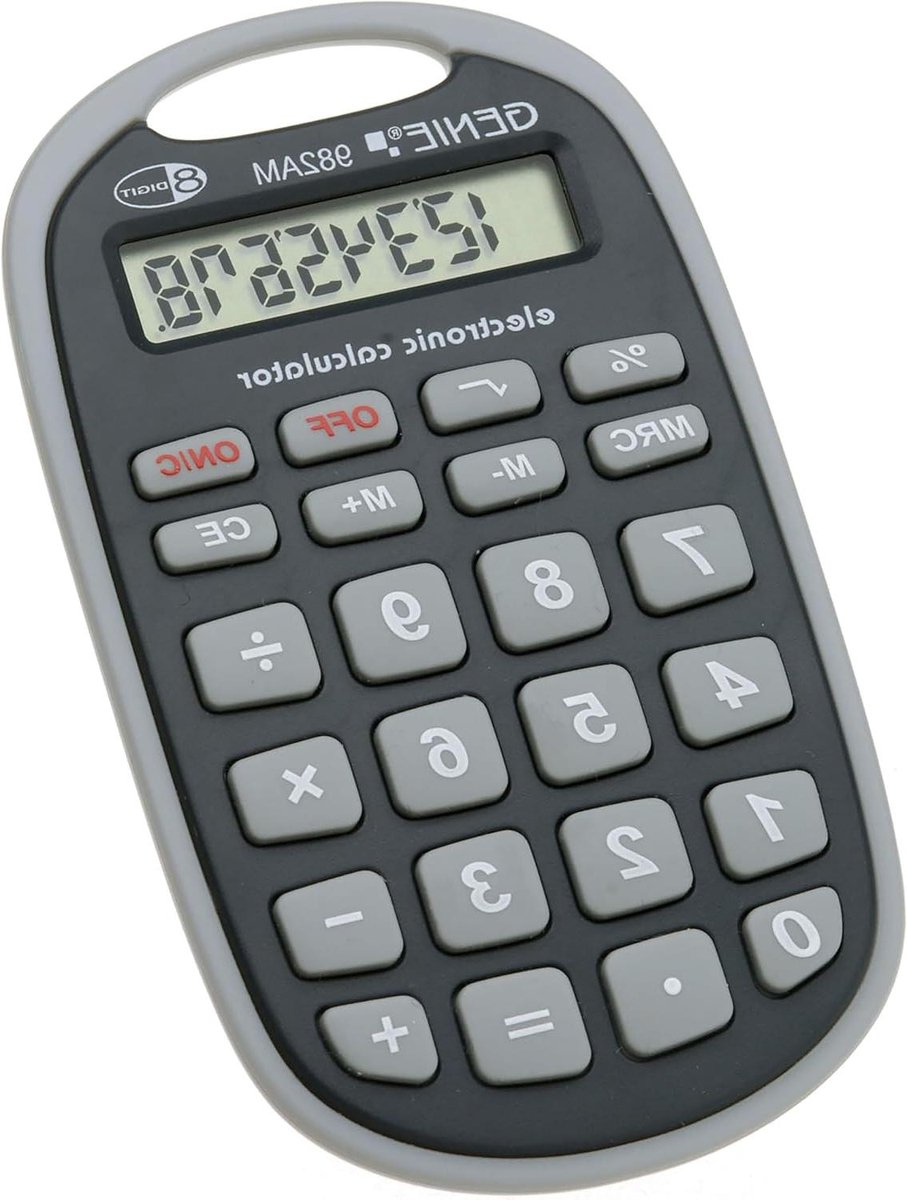 8-cijferige Rekenmachine - Compacte Cijferhulp - Snelle Berekeningen - Met Ophangoog - 10 x 6 cm - Grijs