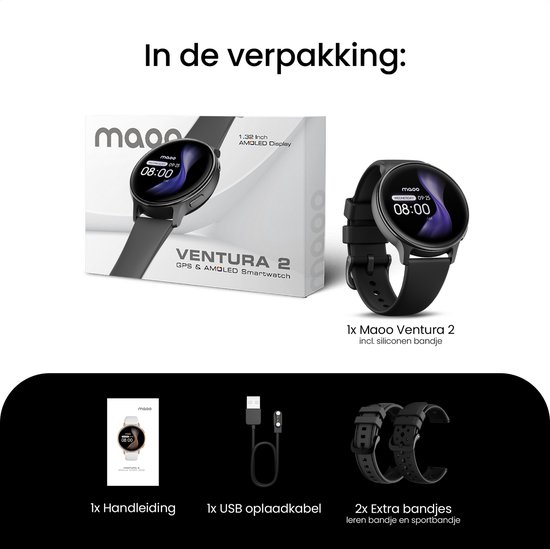 Maoo Ventura 2 - GPS Smartwatch Dames - AMOLED - Siliconen, Leren en Sportbandje - Stappenteller - Hartslagmeter - Slaapmonitor - Belfunctie - AOD - Multisport - Geschikt voor Android en iOS - Zwart