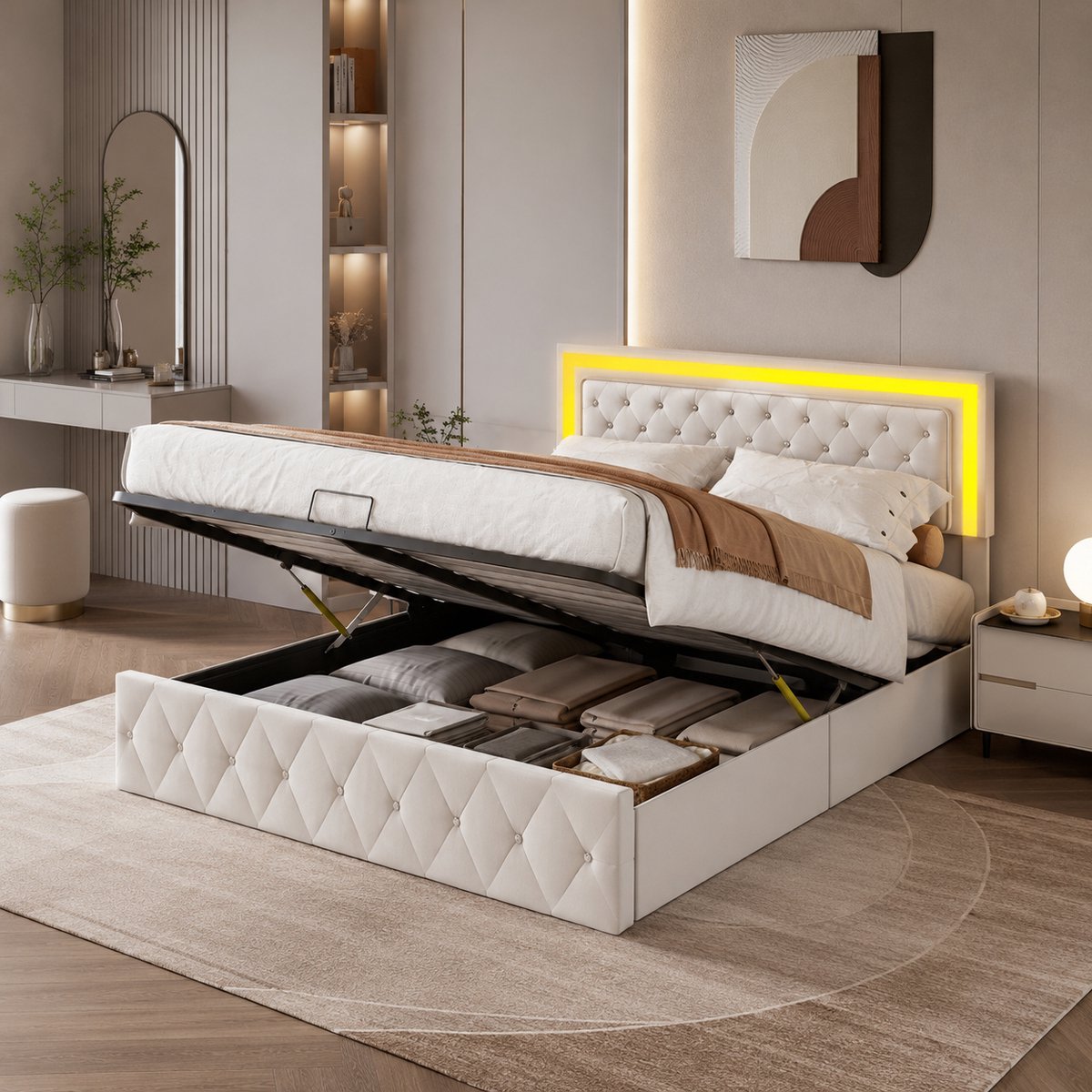 MEXUS Opbergbed 140x200 cm, gestoffeerd tweepersoonsbed met ledverlichting, verstelbaar hoofdeinde, met opbergruimte, bed voor volwassenen en tieners met lattenbodem, Fluweel Beige