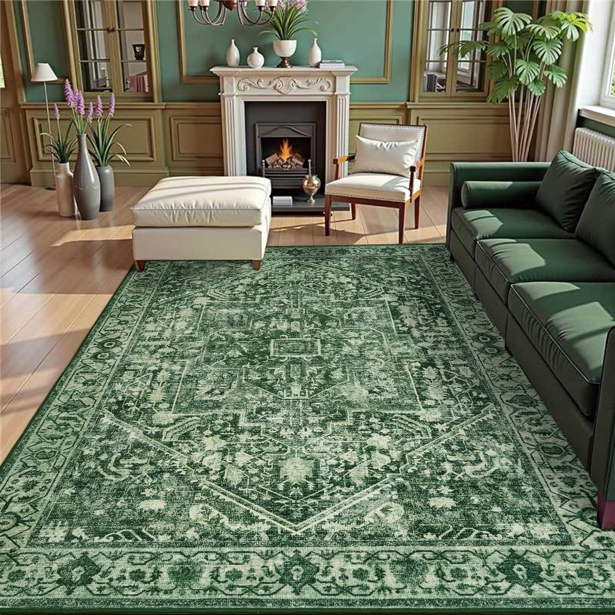 Tapijten Woonkamer 160x230cm Groen Boho Wasbare tapijten Slaapkamer Kortpolig mat Antislip tapijt voor de woonkamer Laag profiel mat voor eetkamer Kantoor Keuken Eetkamer