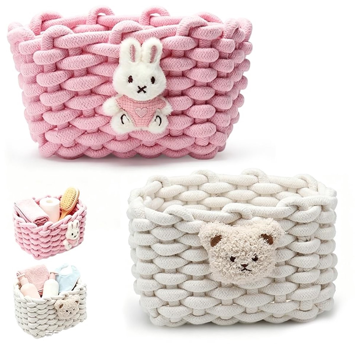 Opbergmand van katoenen touw, 19 x 15 x 13 cm, mand van katoenen touw, gevlochten katoen met berenpatroon, opbergmanden voor kinderkamer, woonkamer, kantoor