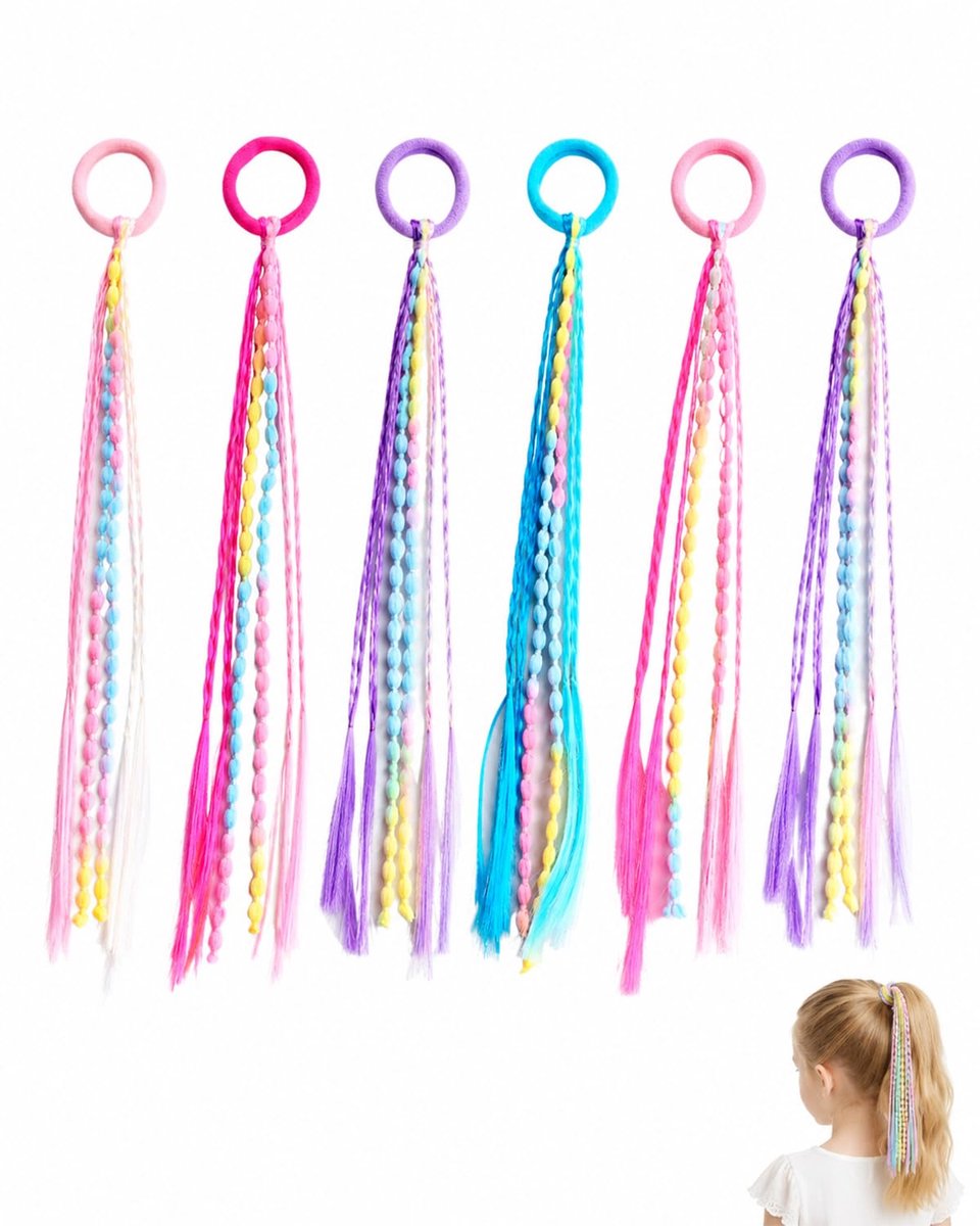 24 kleurrijke haarstrengen voor meisjes, 6 vlechten met elastiek, handgemaakt, 40 cm, haaraccessoires voor feestjes, carnaval en verjaardagen, 6 kleuren