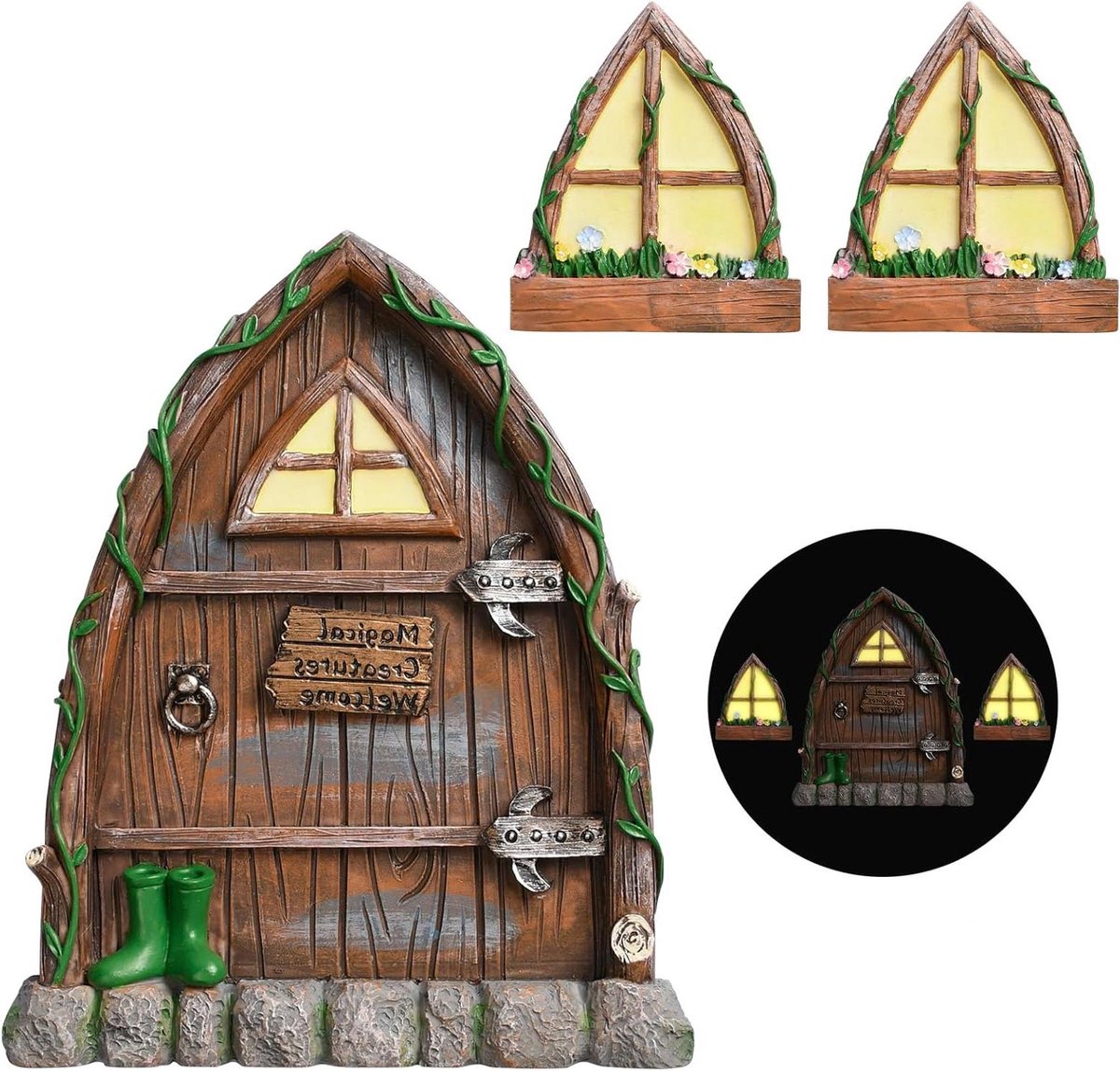 Elfendeur met ramen - Miniatuur tuindecoratie - Sprookjeswereld creëren - Licht op in donker - 12 cm hoog - Natuurlijk hout