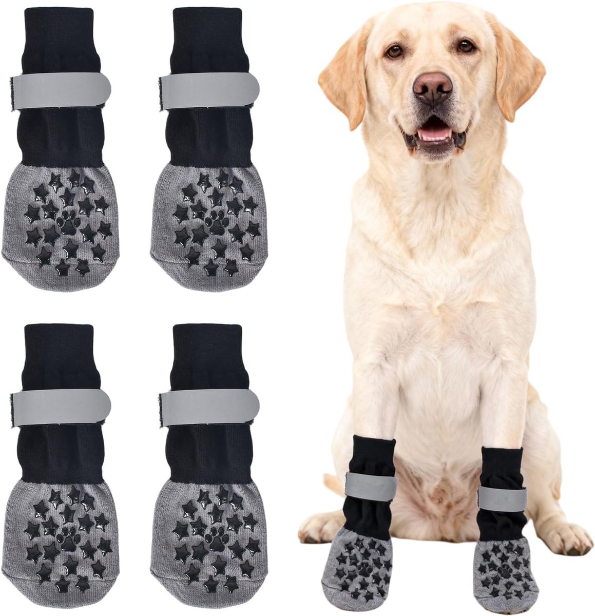 2 paar antislip canis-sokken, pootbescherming voor zachte honden, hondensokken met verstelbare reflecterende banden, voor binnen (L, pootafdruk en sterren)