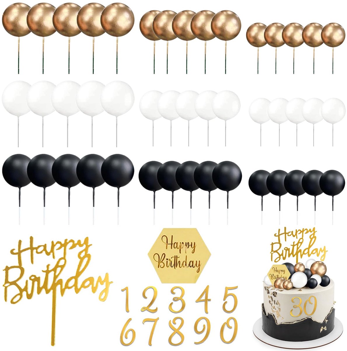 Taartdecoraties voor verjaardag, 48 stuks, taarttoppers, decoratieve ballen voor cake, zwart wit goud, nummer 0-9, toppers voor themafeesten, bruiloften, jubilea
