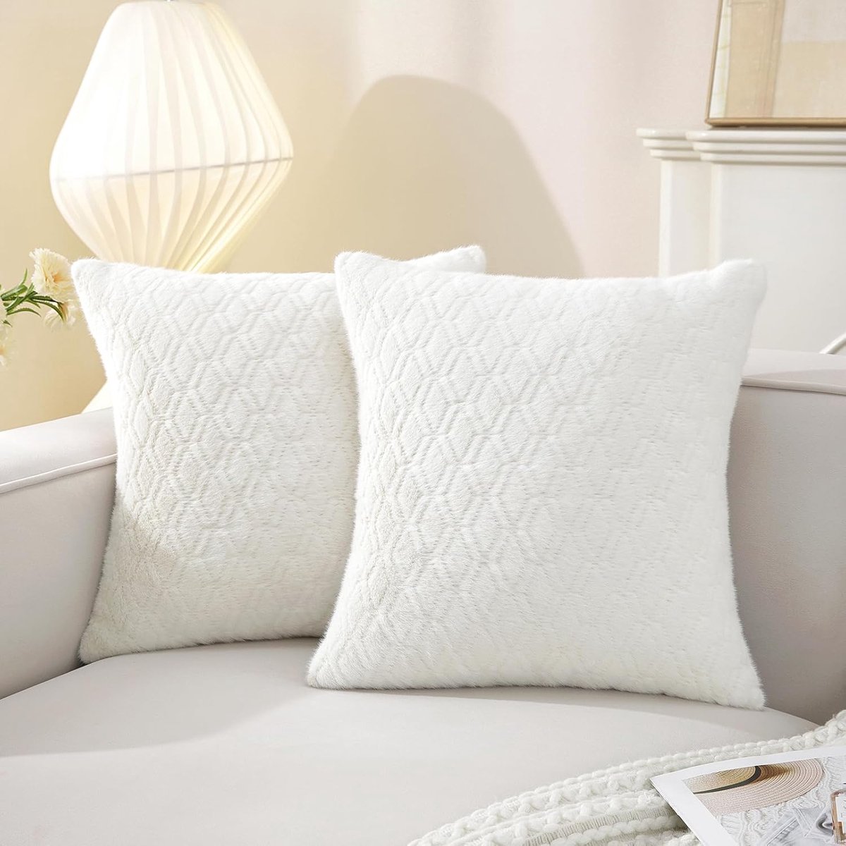 Kussensloop 45x45 cm Set van 2, Chenille Kussenhoezen van Super Zacht Pluizig, Decoratieve Kussenhoes met Verborgen Ritssluiting en Ruitpatroon, voor Bank Woonkamer Slaapkamer, Wit