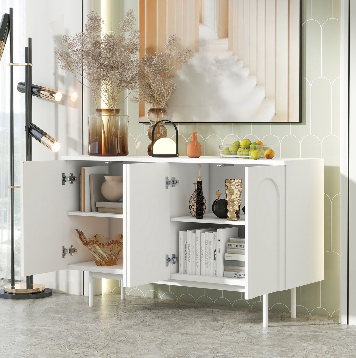 MEUNIQ dressoir 140 x 42 x 80 cm met 4 deuren, 2 verstelbare planken en metalen poten, sideboard voor woonkamer, eetkamer of hal, wit