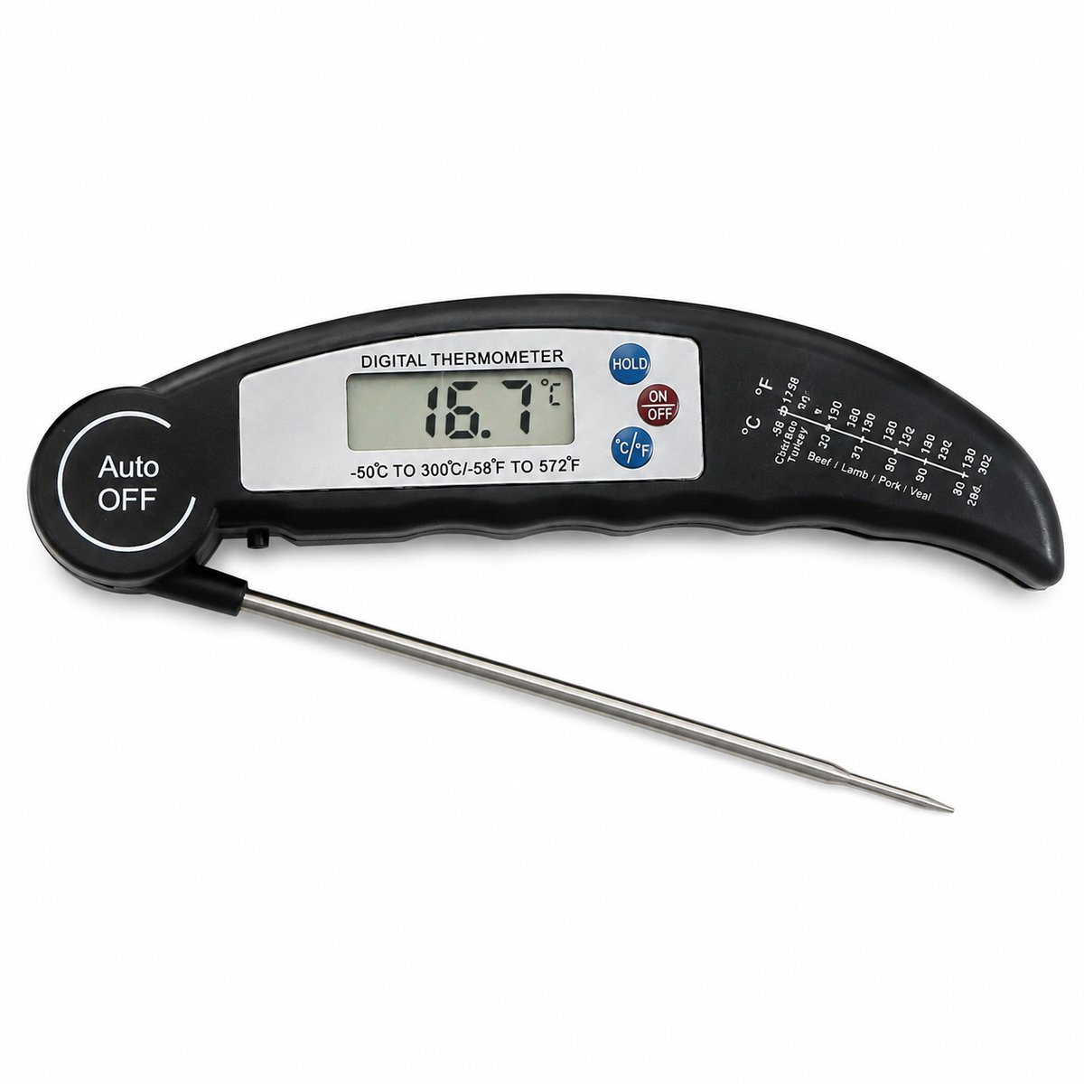 Digitale Vleesthermometer - Kernthermometer - BBQ Thermometer - Keukenthermometer tot 300°C - Snelle Meting - 180° Opvouwbare Sonde - Automatisch Aan bij Openen - Zwart