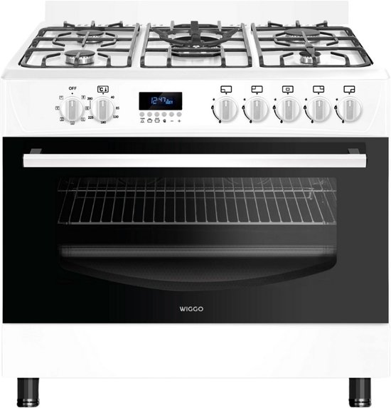 Wiggo WO‑E909R(WW) – Vrijstaand gasfornuis – 90 cm – 5 kookzones met wokbrander – 110L elektrische oven – Wit – Elektrische vonkontsteking & vlambeveiliging – Energieklasse B – 5 j…