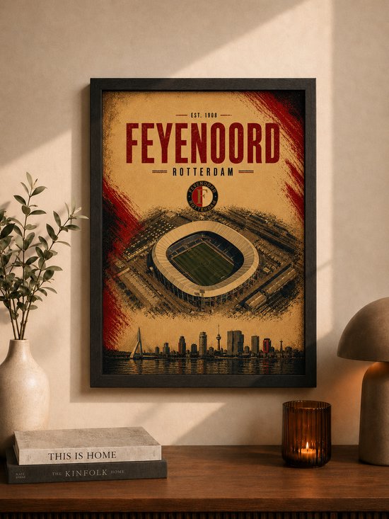 Feyenoord Poster | De Kuip Vintage Art Print | Retro Voetbal Poster | Inclusief Zwarte A4 Lijst
