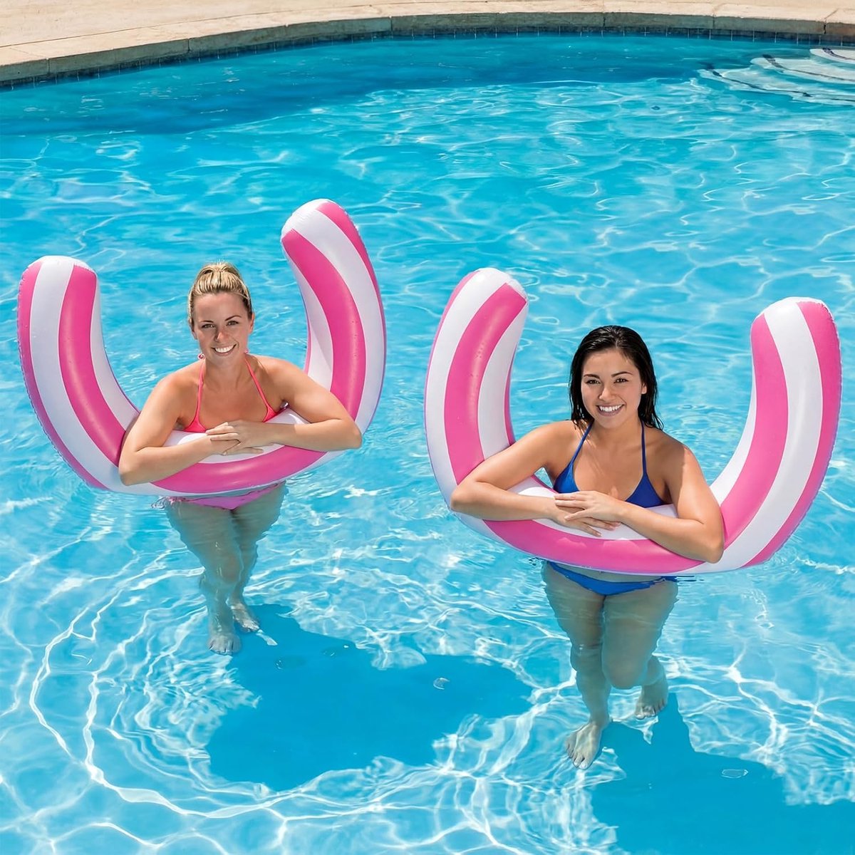 LISM-Twee opblaasbare, gebogen zwembaden van circa 75 x 60 cm, Geschikt voor zomervakanties, strandactiviteiten en reizen (roze, gestreept).