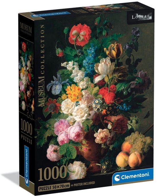 Doos van Clementoni 1000-stukjes puzzel met een schilderij van bloemen, fruit en insecten.