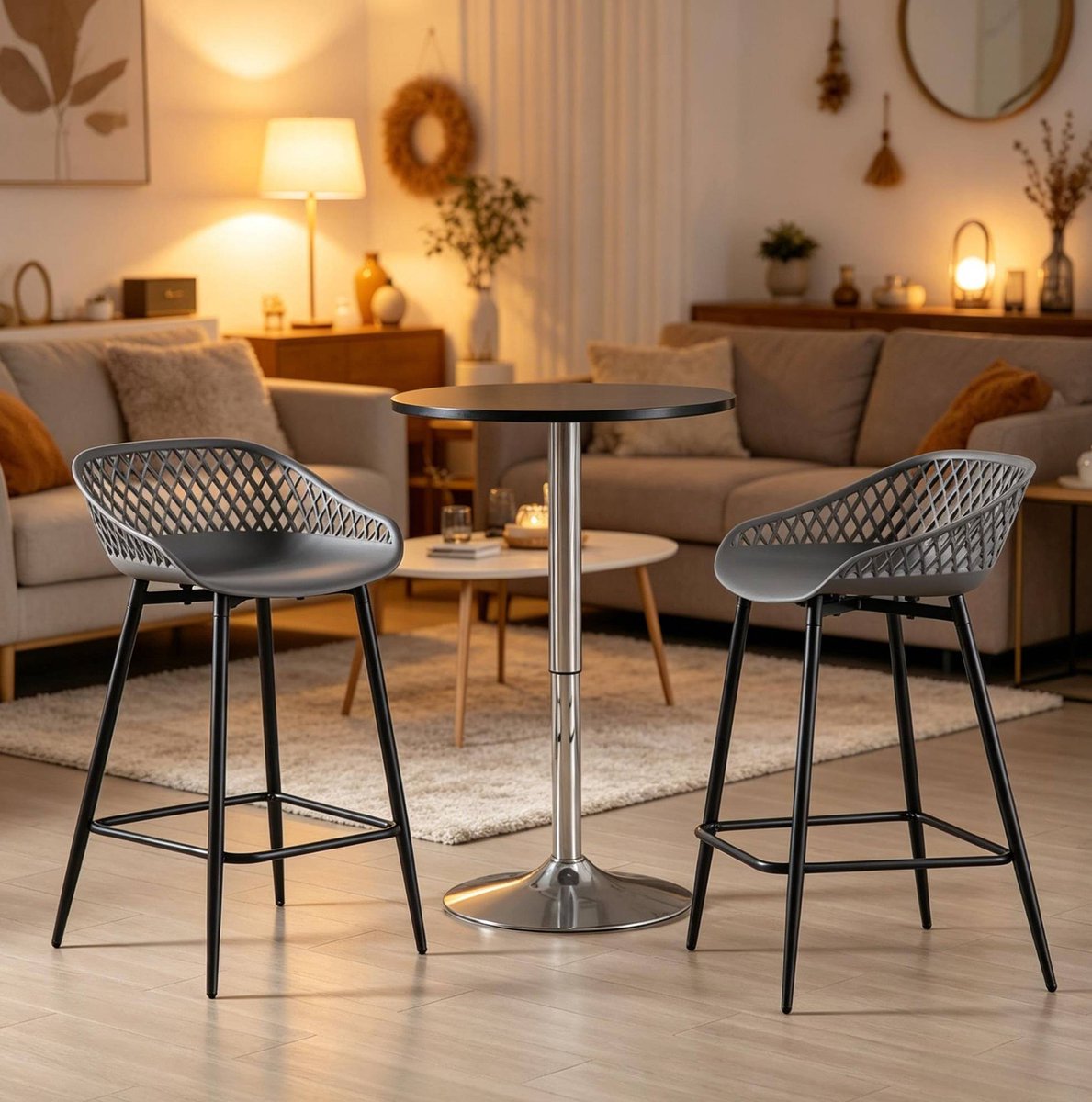 FloraGrace Barkruk - Set Van 2 Met Rugleuning, Armleuningen En Voetsteun - Waterbestendig Voor Keuken, Bar En Balkon - Kunststof - Grijs