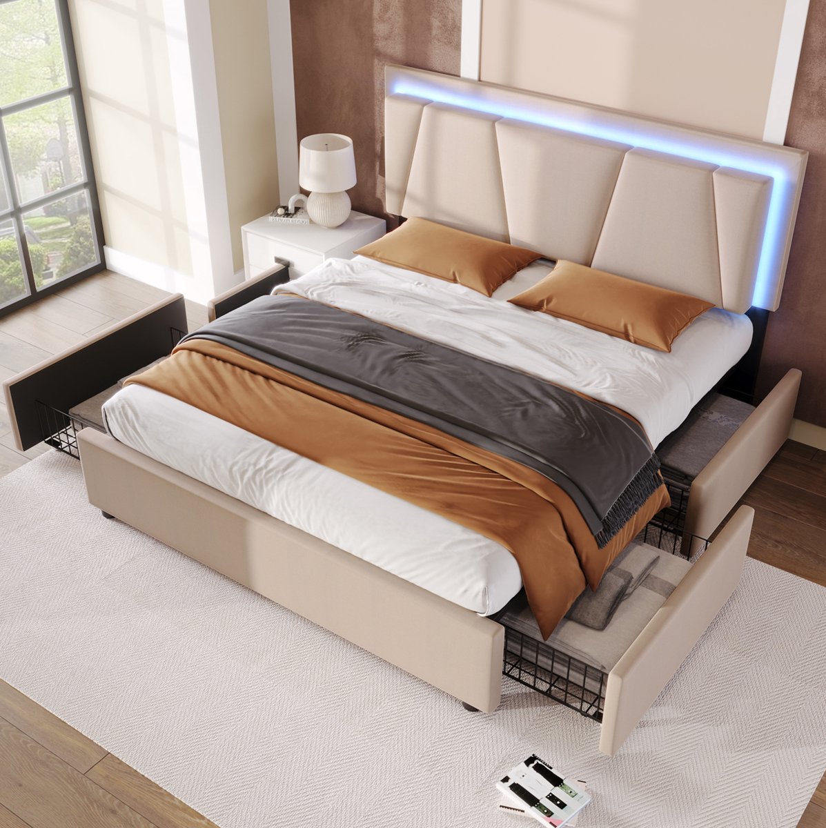 MIVRAY Tweepersoons Bed 160x200 cm - Zonder Matras met Ledverlichting en 4 Laden - Verstelbaar Hoofdbord - Hout en Stof - Beige