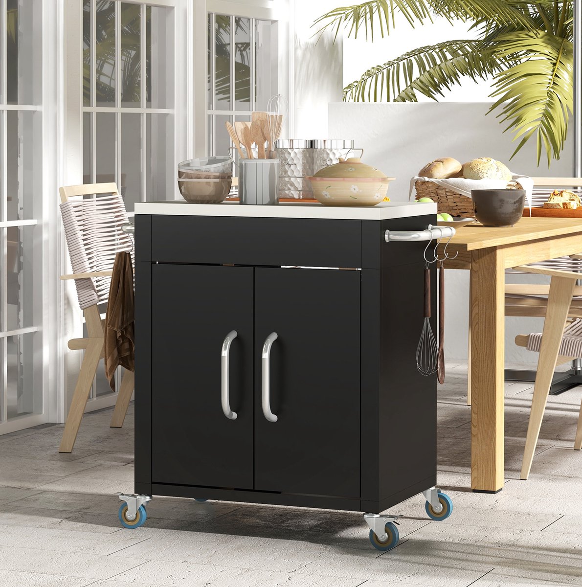 MEUNIQ Keukenkast op wielen 86 x 50 x 86,5 cm met roestvrijstalen blad, 2 deuren, 6 haken en 4 zwenkwielen voor keuken en eetkamer, zwart