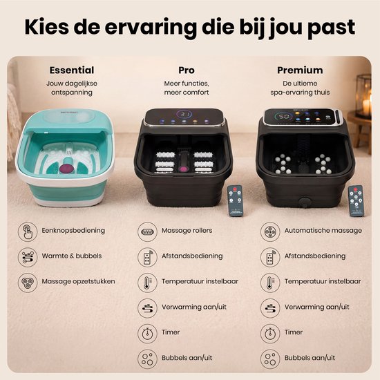 Drie modellen voetenbaden: Essential (lichtblauw), Pro (zwart) en Premium (zwart) met functievergelijking.