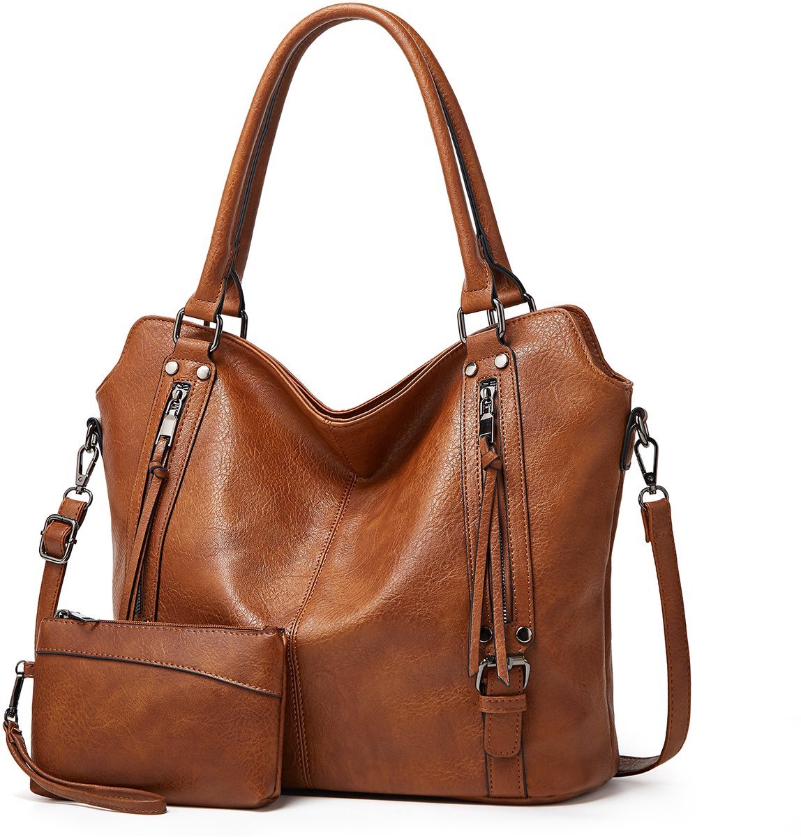 COOAU - dames tassen - handtas - schoudertas - Schoudertas en kleine portemonnee 2-delige set - Tote bag - Zacht PU-leer - Grote capaciteit - eenvoudig ontwerp - Luxe tas - Bruin