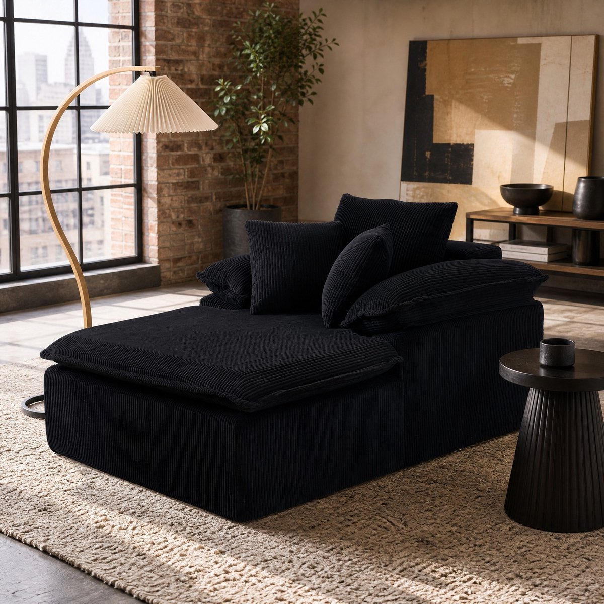 DESMIU Chaise Longue 177 x 122 x 92 Cm - Zonder Montage Met Brede Armleuningen - Voor Woonkamer En Leeshoek - Ribstof - Zwart