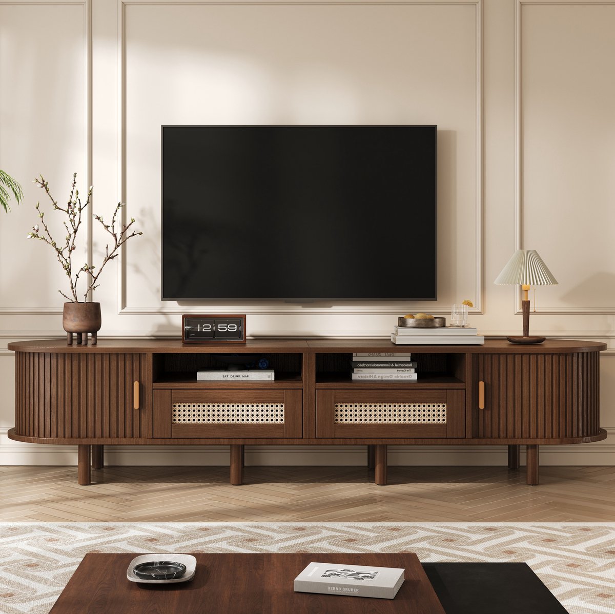 MEUNIQ TV-meubel 170 x 40 x 40 cm met 2 schuifdeuren, 2 lades en ovale bovenplaat, lowboard voor woonkamer met opbergruimte in donker eiken