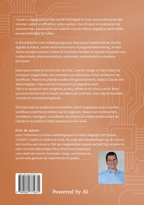 Dos d'un livre avec fond orange, motifs de circuit et texte sur les outils d'IA. Comprend également une petite photo de l'auteur.