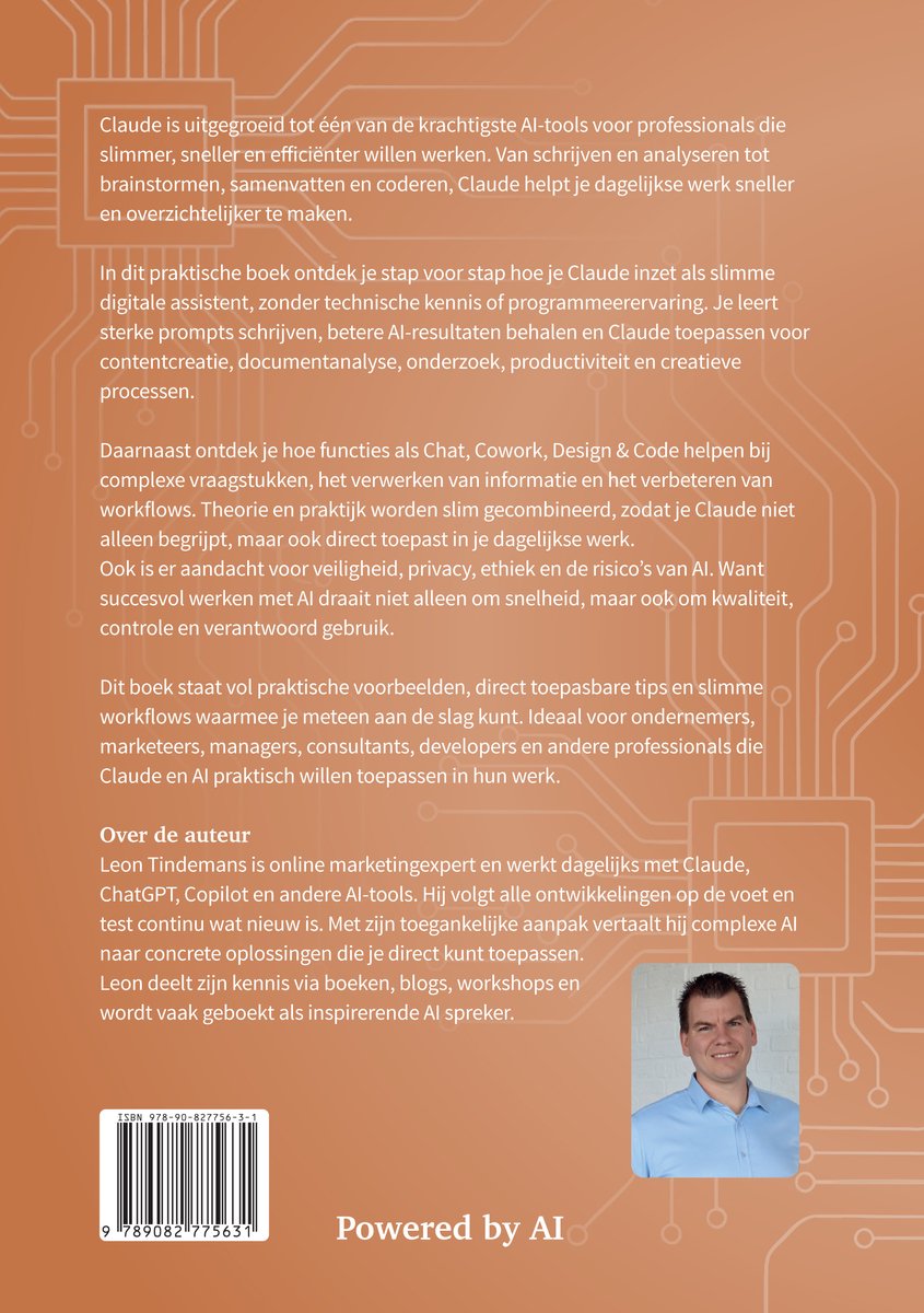 Dos d'un livre avec fond orange, motifs de circuit et texte sur les outils d'IA. Comprend également une petite photo de l'auteur.