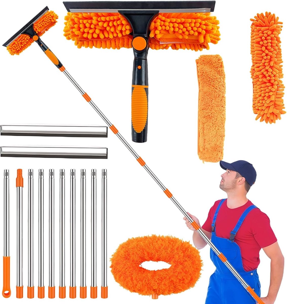 Telescopische Raamreiniger - Roestvrijstaal - 2-in-1 Microvezel en Rubber - Verstelbare Stang tot 4 m - Voor Hoge Ramen en Plafonds