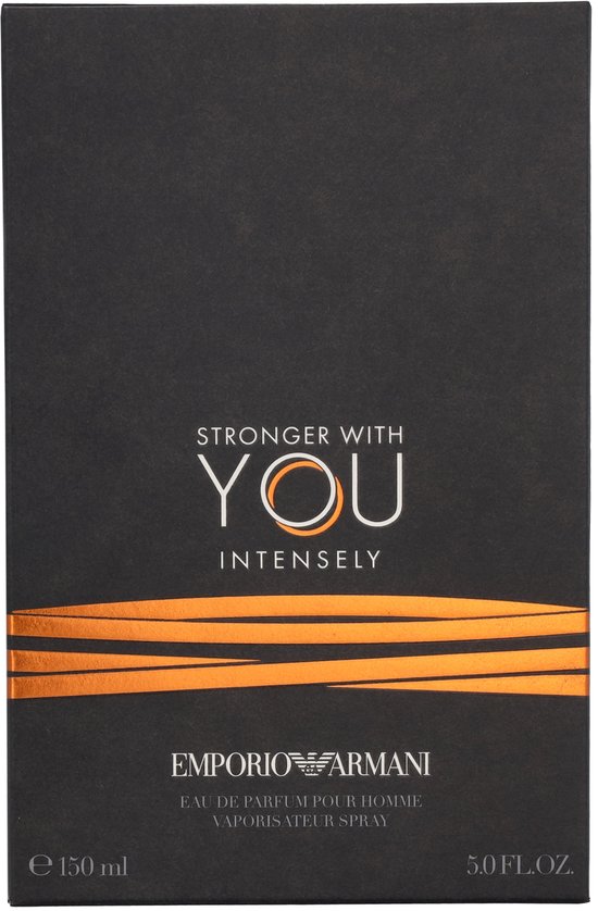 Emporio Armani Stronger With You Intensely Eau de Parfum voor heren, 150 ml. Zwarte doos met oranje strepen en tekst. Product is niet zichtbaar.