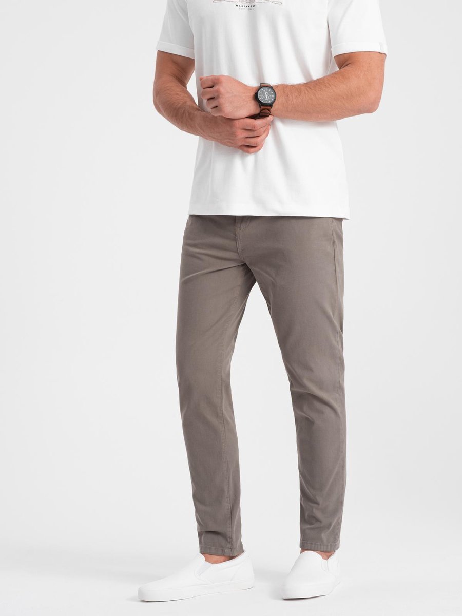 OMBRE Broek - slim fit - katoen - rits Donkerbeige S