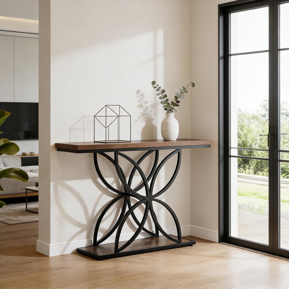 HAUSS SPOLE Sidetable - Industriële Consoletafel Met Metalen Vlinderbasis - Voor Hal En Woonkamer - Bruin Zwart