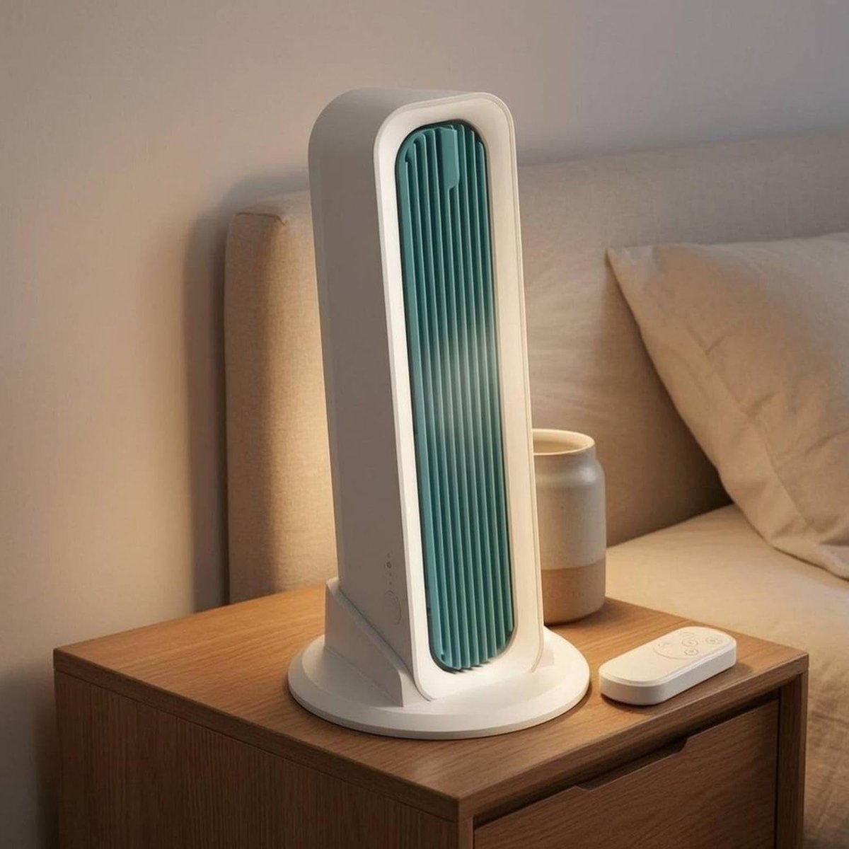 Bladloze Torenventilator - USB Torenventilator - 4000mAh - 3 snelheden - Stille Staande Ventilator - met losse voet en afstandsbediening - voor bureau, slaapkamer en camping - wit – foto 6