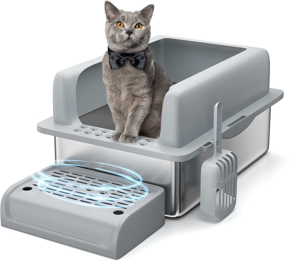 Kattenbak Met Hoge Zijkanten - Deksel, Trap En Strooischep - Lekvrij Geurbestendig Katentoilet - Voor Grote Katten En Meerkattenhuishouden - 60 x 40,6 x 35,5cm