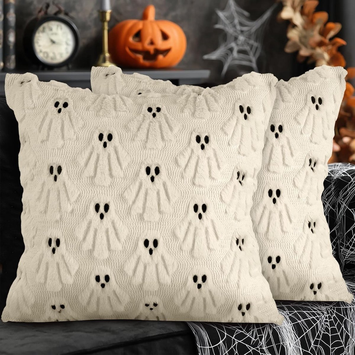 Halloween Kussenhoezen 50x50cm - Pluche Decoratieve Kussens voor Sofa en Bed, Schattige Geest Motieven voor Herfst en Feestdagen