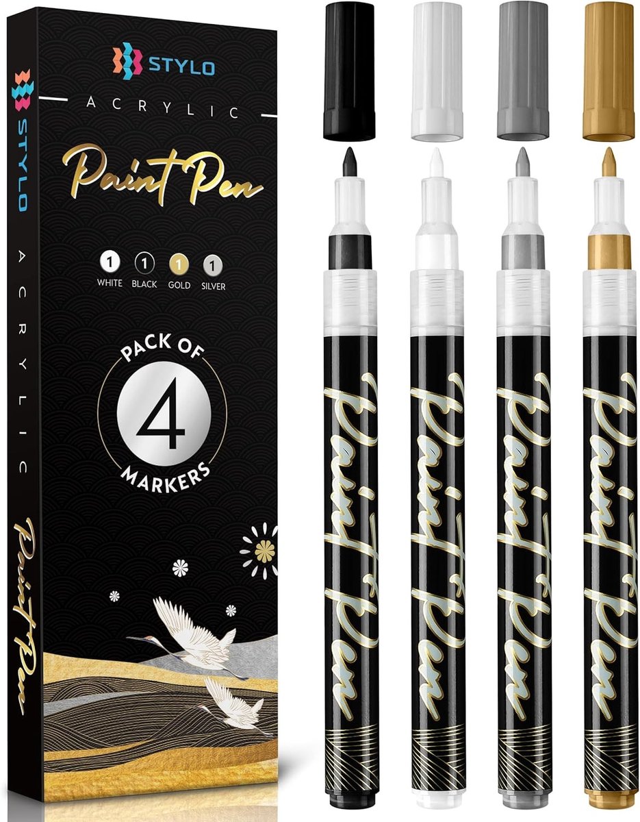 Set van 4 Metallic Marker Pennen - Wit, Zwart, Goud en Zilver - Permanente Acrylmarker - Voor Diverse Oppervlakken - Voor Volwassenen