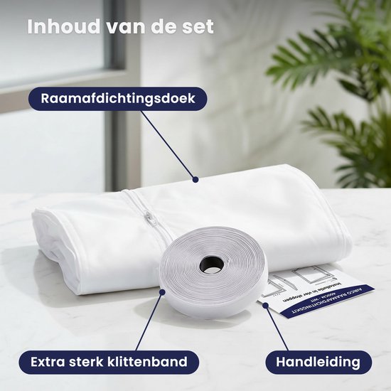 Inhoud van de set: raamafdichtingsdoek, extra sterk klittenband en handleiding.