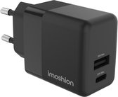 Zwarte imoshion muurlader met twee poorten (USB-A en USB-C), 18W Max en 35W Max.