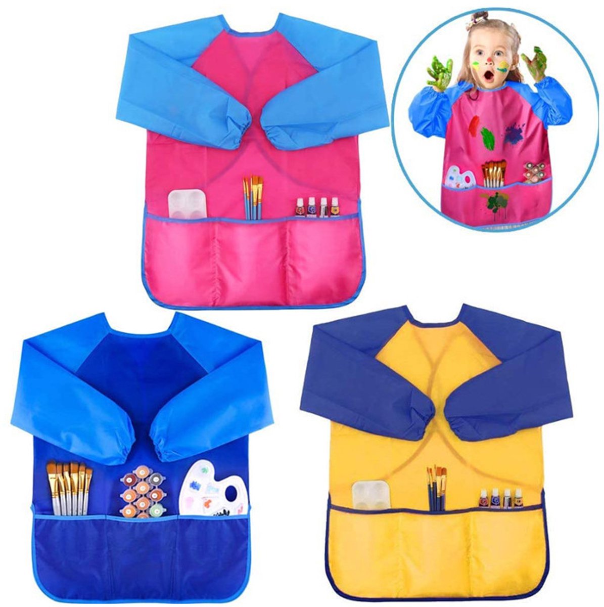 YAGXIG Schilderschort voor kinderen - 3-delige set - Waterdicht schilderschort - Schilderschort voor kinderen - Waterdicht schilderschort voor peuters - Geschikt voor kinderen van 5-8 jaar - Met 3 zakken