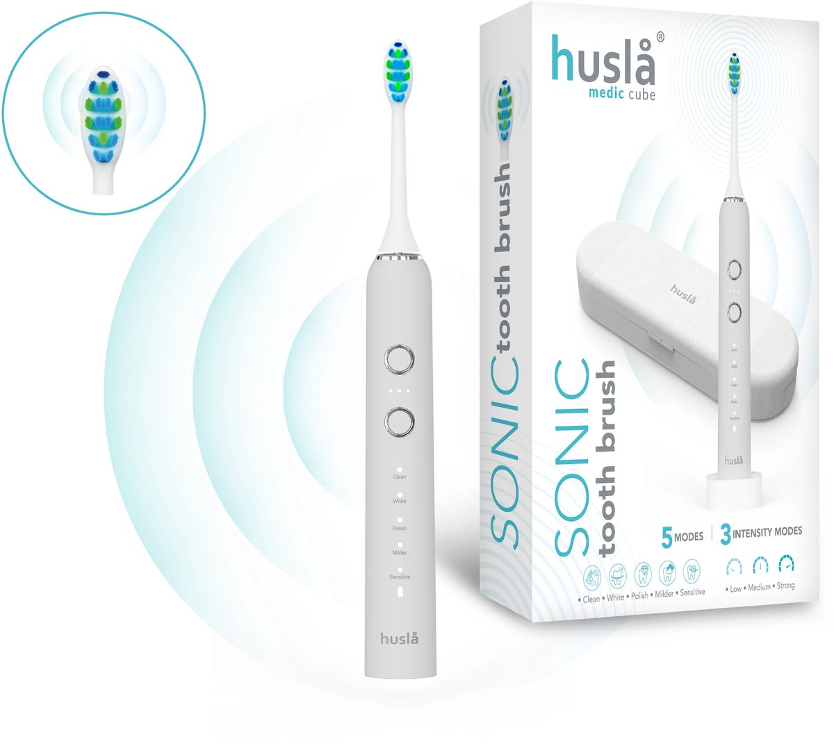 Husla - Medic Cube Sonische Tandenborstel - Elektrische Tandenborstel met 5 Poetsstanden & 3 Intensiteiten - Inclusief 3 Opzetborstels, Reisetui & USB Oplader - Voor Gevoelige Tanden en Tandvlees - Wit