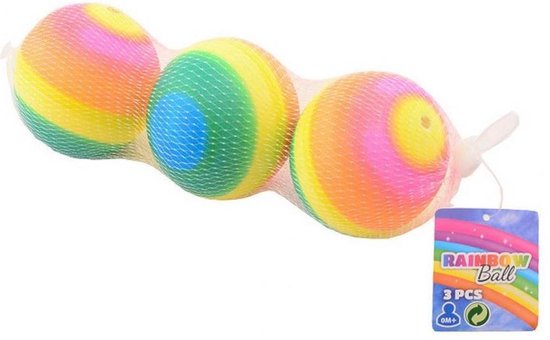 Drie regenboogkleurige ballen in een netzak met een kaart waarop 'RAINBOW Ball 3 PCS 0M+' staat.